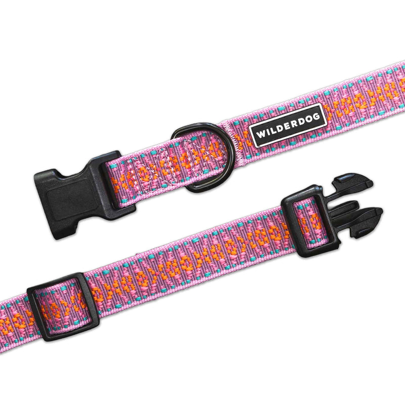 Lilac Ultralight Collar: lightweight polyester webbing, durable buckle, “WILDERDOG” label, in a purple patterned design.