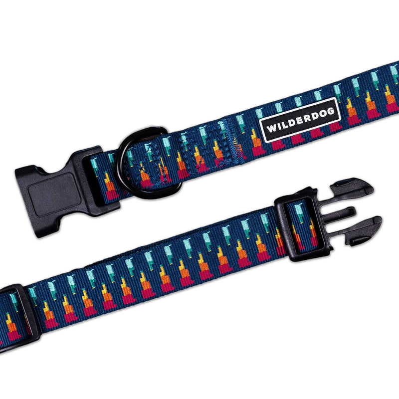 Marina Ultralight Collar: blue with red/yellow mountain pattern, lightweight polyester, heavy-duty plastic buckle.