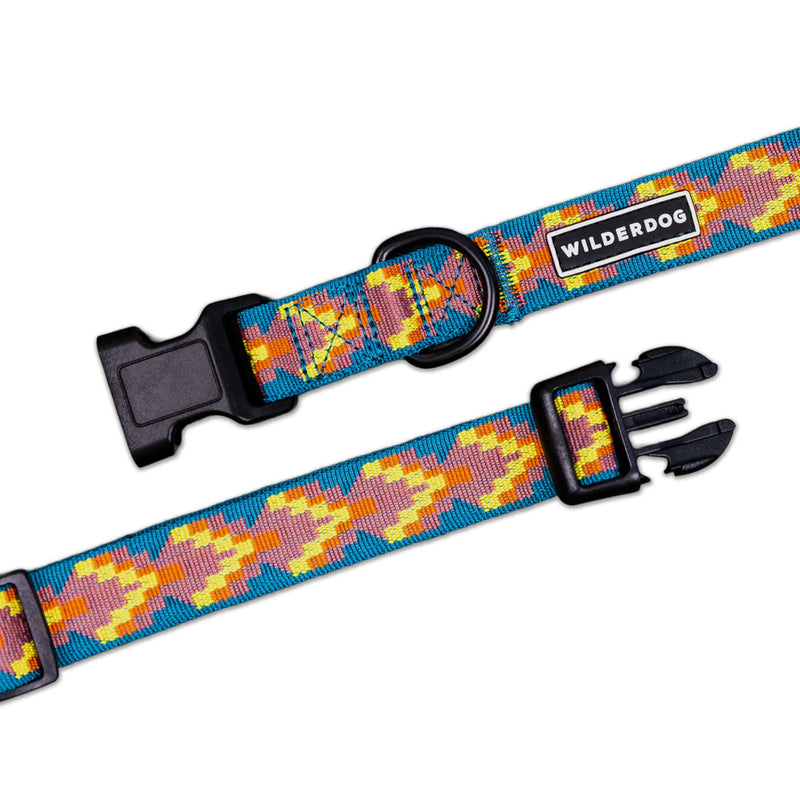 Havasu Ultralight Collar: blue/orange patterned polyester with black buckle and visible “Wilderdog” label.