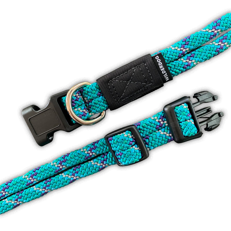 Turquoise Rope Collar for dogs with black buckle, D-ring, and adjustable strap on white background.
