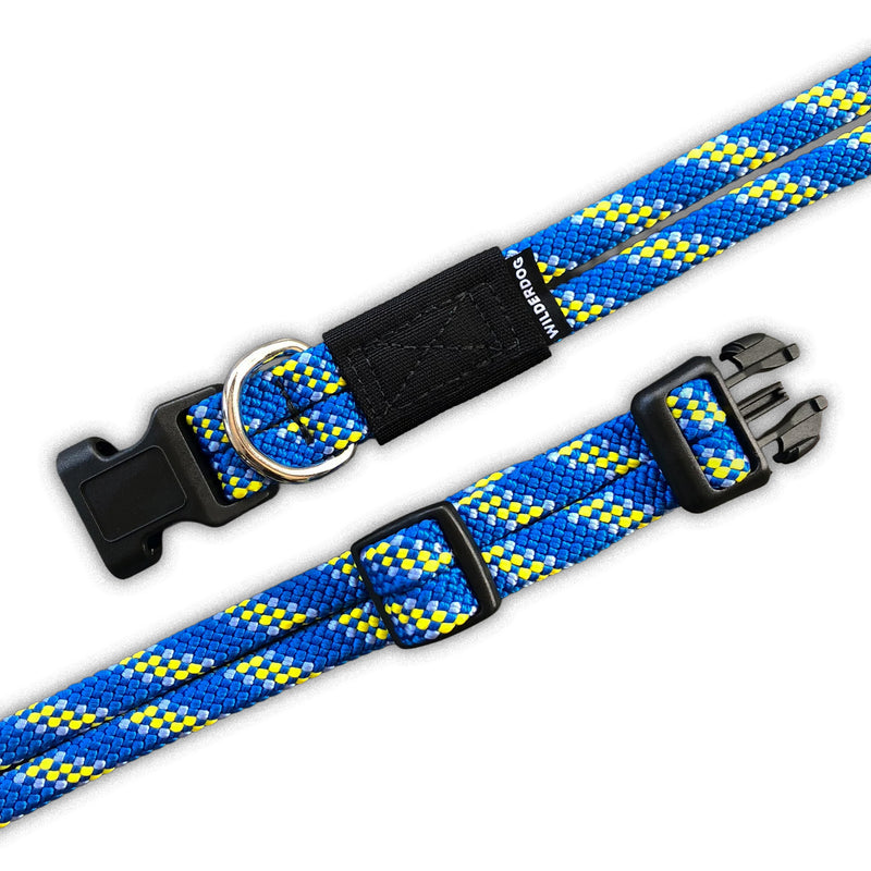 Two Mariner Collars in blue, yellow, and white rope with black buckles and metal rings on a white background.