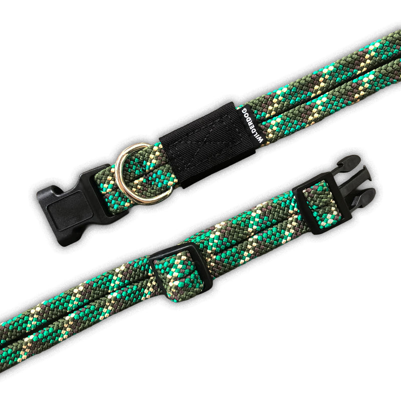 Camo Collar: Green/yellow rope dog collar with black buckle and metal ring for secure leash attachment.