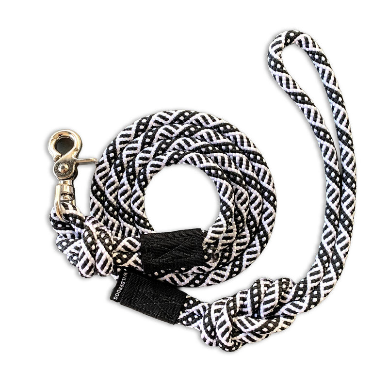 Quick Clip Rope Leash in black and white pattern with metal clasp, coiled neatly on a white background.
