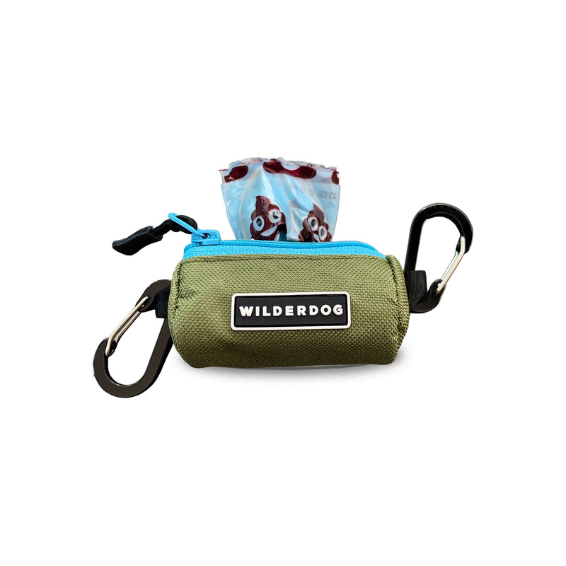 Dog Poop Bag Holder in green with blue zipper, leash clip, carabiner, and emoji print poop bags included.