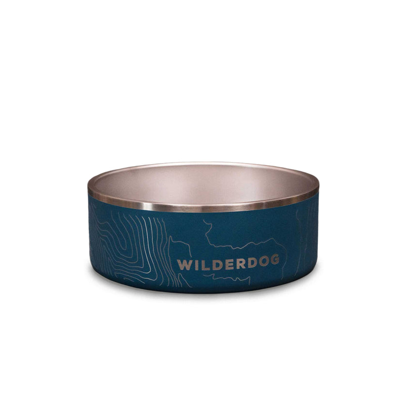 Stainless Steel Dog Bowl with topographic design, “WILDERDOG” text, and non-slip base, shown on white.