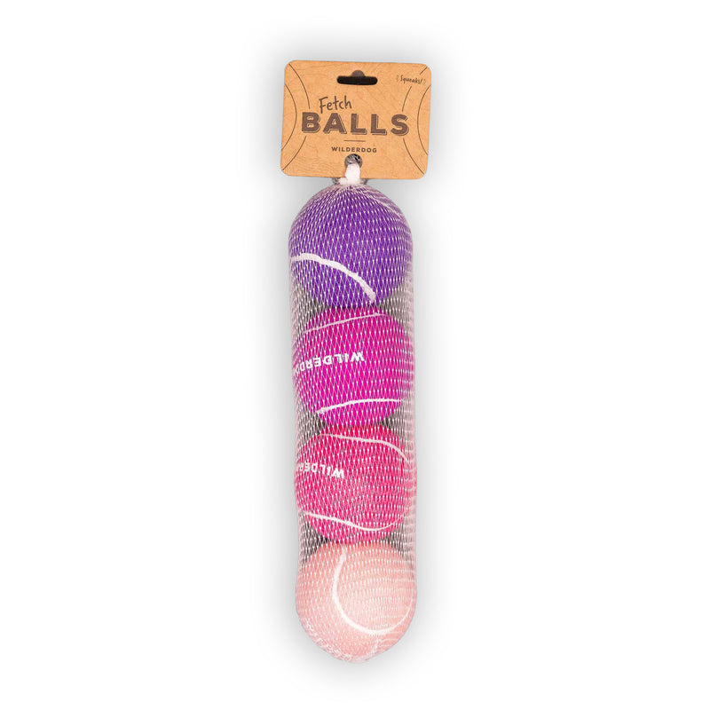 Mesh bag of four non-toxic, colorful rubber Fetch Balls with label reading “Fetch Balls WILD ONE.”.