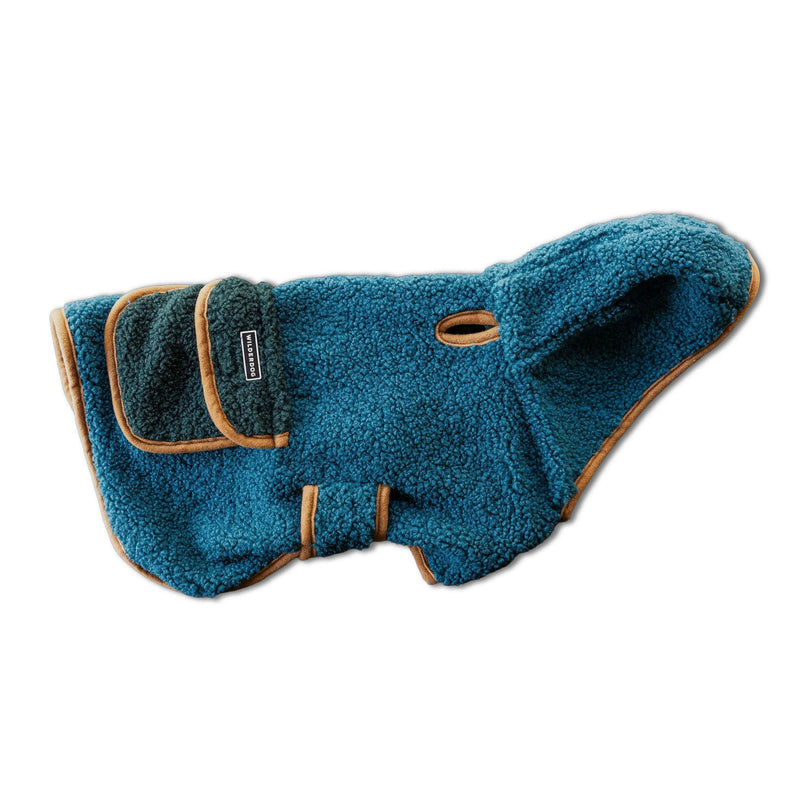 Sherpa Jacket: Blue fleece with tan trim, velcro straps, small label; shown on white background.