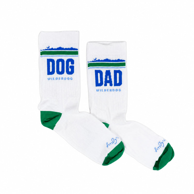 Dog Dad Socks by Sock Guy: white, green toes/heels, “DOG DAD” text—fun Father’s Day gift for any dog-loving dad!.