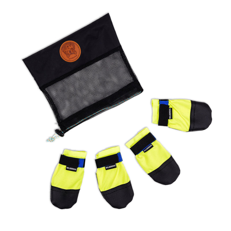 Four yellow and black Dog Booties with paw protection and mesh pouch shown on a white background.