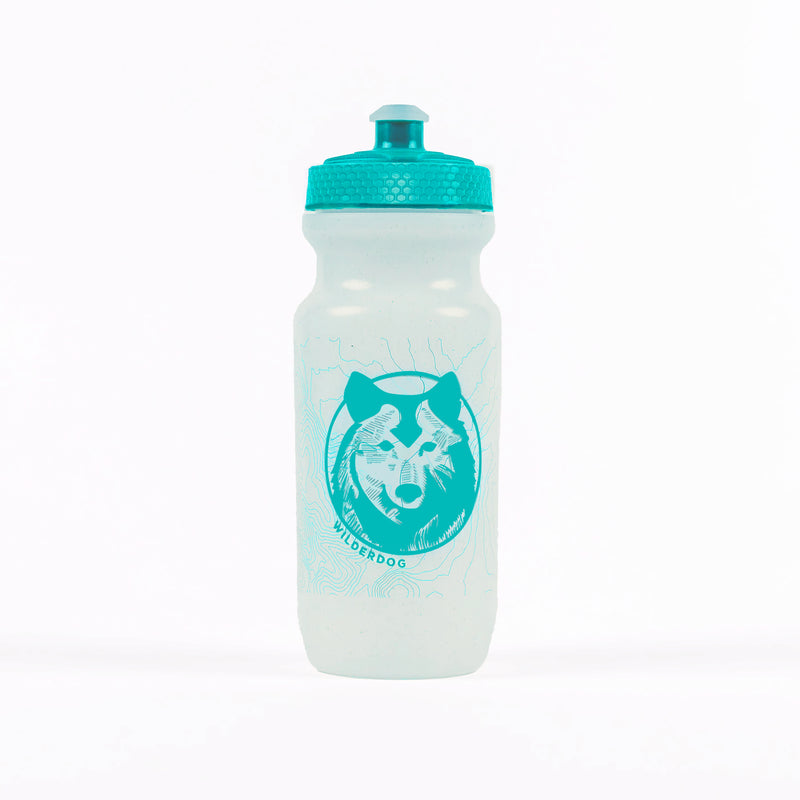 Plant-Based Water Bottle with turquoise lid, wolf face graphic, and “Wilderdog” text on the front.