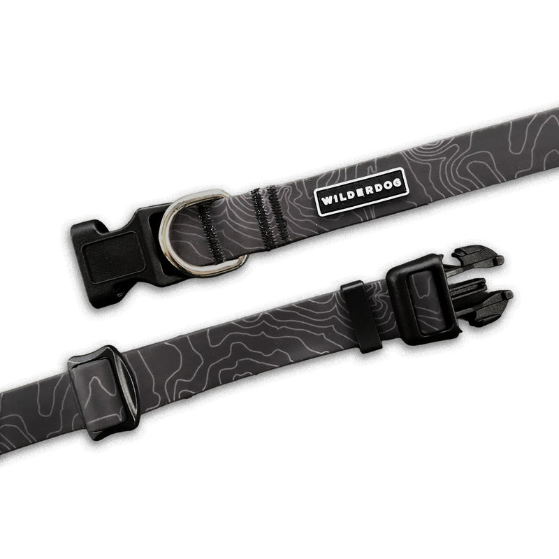 Two stink-free, durable Black Waterproof Collars with topo lines, black buckles, metal D-ring & “Wilderdog” label.