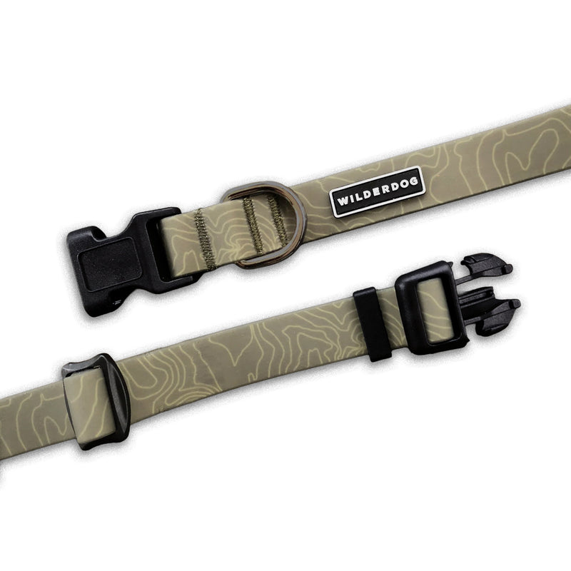 Olive Waterproof Collar: stink-free, durable, contour design, metal D-ring, plastic buckle, and “Wilderdog” label.