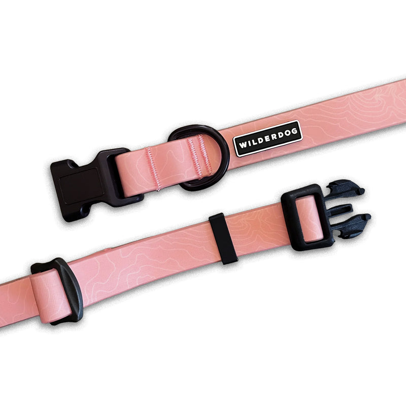 Two Guava Waterproof Collars, pink with black hardware and “WILDERDOG” label. Stink-free, durable dog collars.
