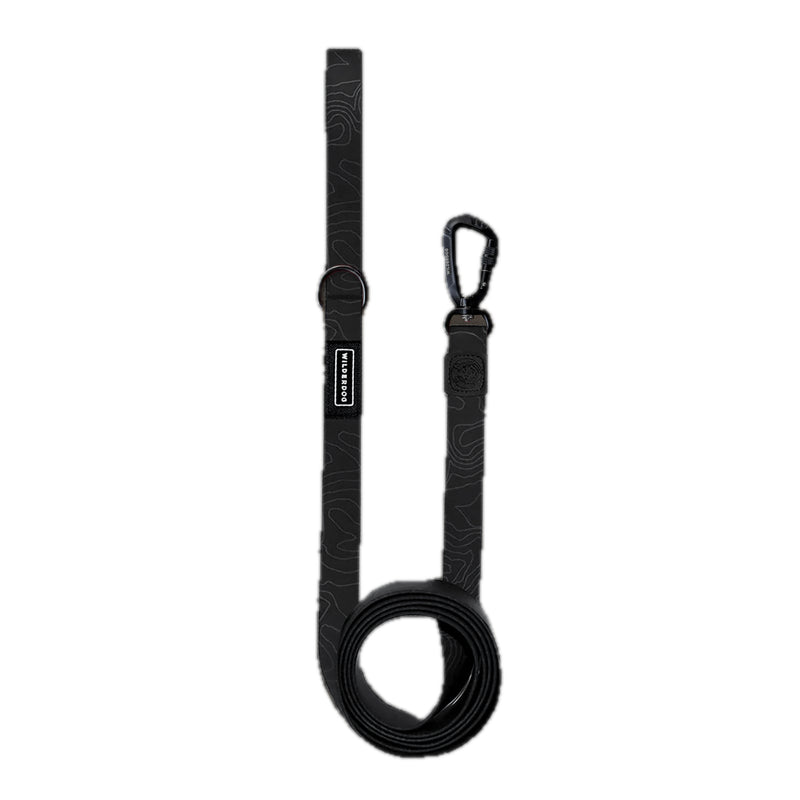 Black Waterproof Pro Leash with metal clip, D-ring, subtle pattern; coiled neatly on a white background.