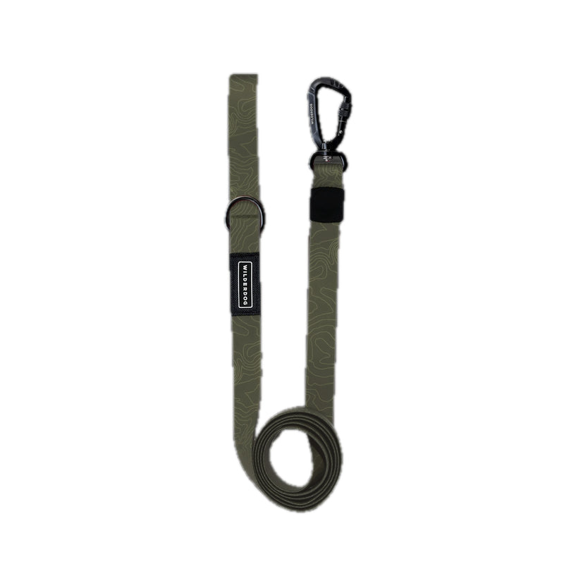 Olive Waterproof Pro Leash with locking carabiner, subtle pattern, coiled neatly on a white background.
