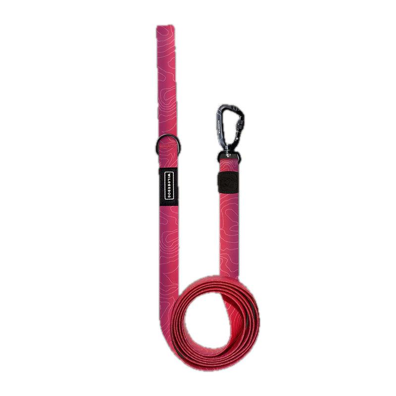 Plum Waterproof Pro Leash with black clip, locking carabiner, and metal ring, coiled on a white background.
