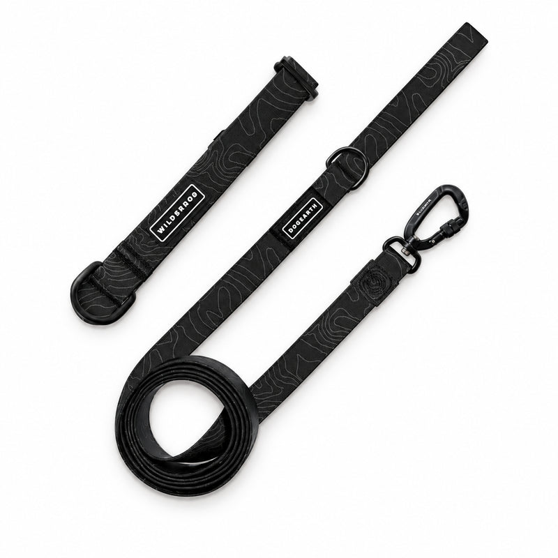 Black Waterproof Pro Leash + Collar Bundle: stink-proof, with a subtle topo pattern on a white background.
