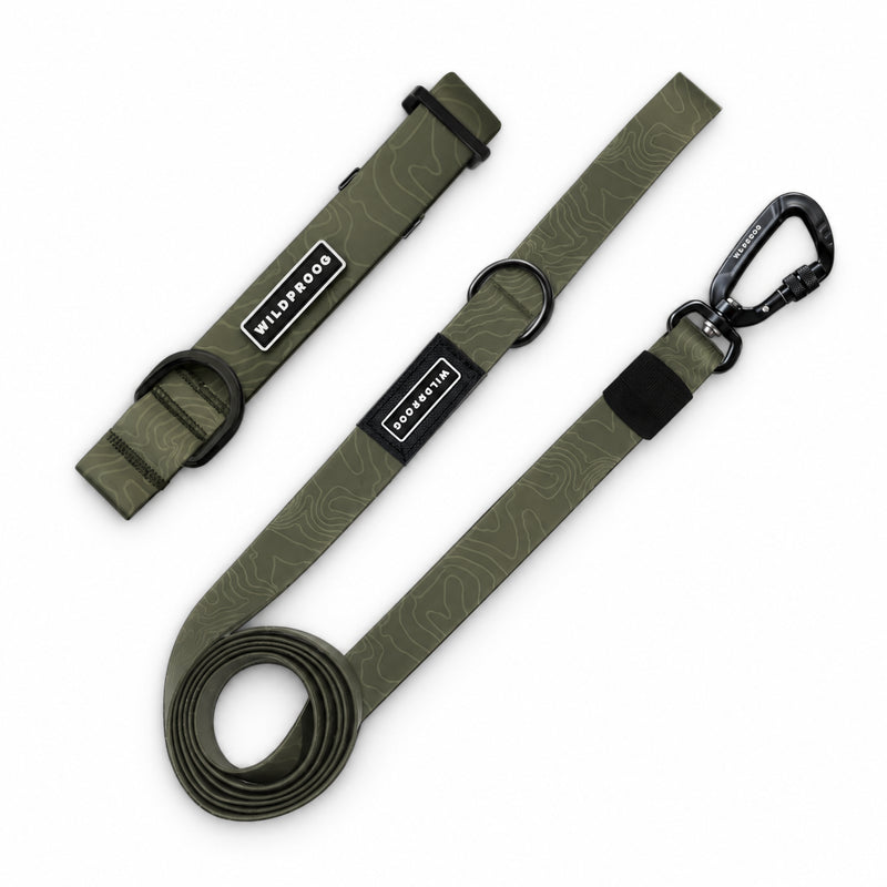 Olive Waterproof Pro Leash + Collar Bundle: black hardware, branded tags, stylish stink-proof design.