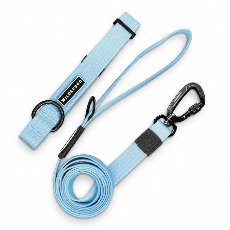 Saltwater Waterproof Pro Leash + Collar Bundle in light blue with black hardware, coiled and labeled “WILDEPOO”.