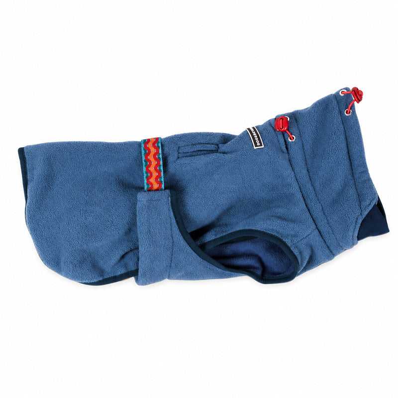 Pro Fleece Jacket: Blue dog coat with red accents, colorful strap, and drawstrings—ideal for winter warmth.