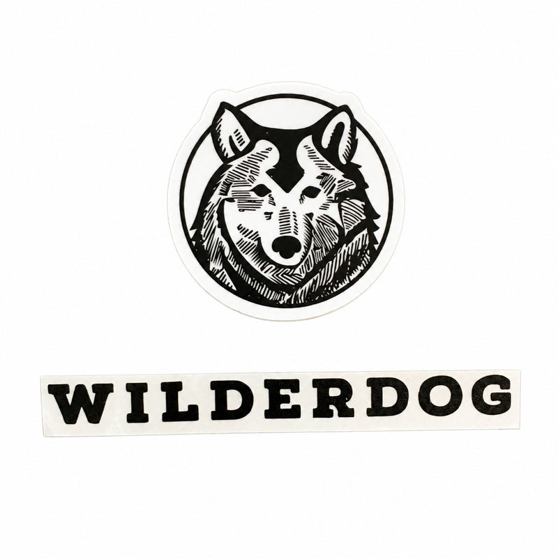 Die-cut Wilderdog Sticker Decal: wolf head above “WILDERDOG,” outdoor-rated for lasting durability.