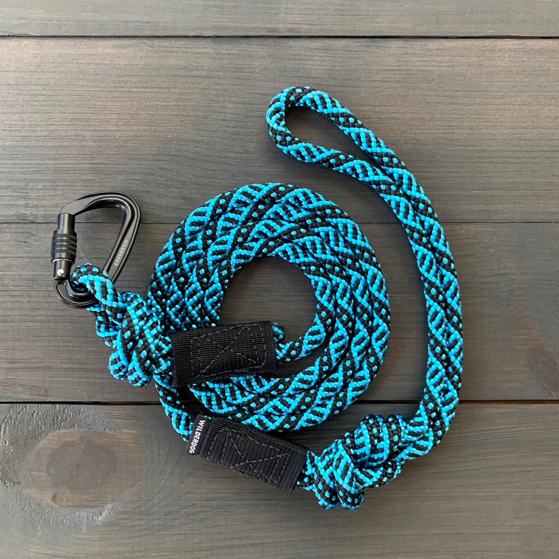 A coiled, blue and black durable Teton Small Carabiner Leash with a black carabiner on one end. The leash is laid out on a dark wooden surface.