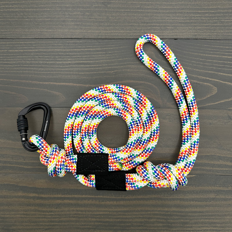 The Rainbow Small Carabiner Leash, a coiled, multicolored rope with a textured pattern and an attached black carabiner, is laid out on a dark wooden surface. This durable leash features loops on both ends and boasts a woven appearance that combines red, blue, yellow, and white in a vibrant design.